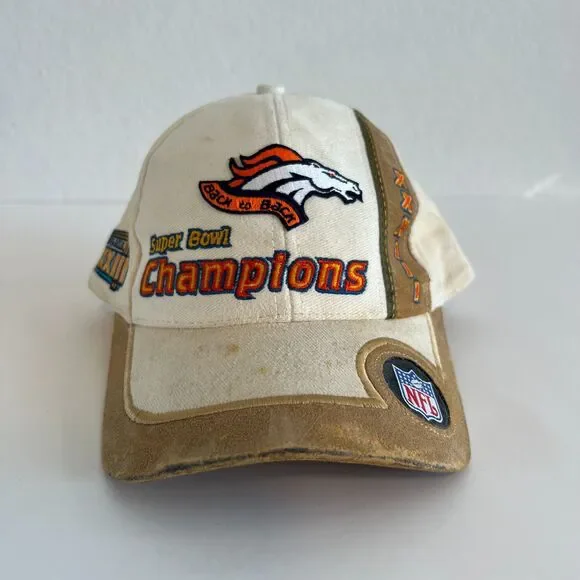 DENVER BRONCOS Vtg 90s Super Bowl Championship 1999 Beige Suede Hat Cap - Picture 2 of 8